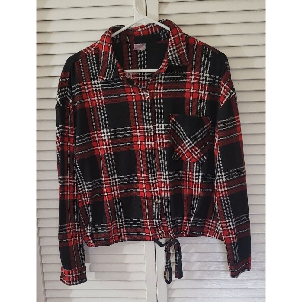 No Boundaries Red Black Plaid Flannel Cropped Button Up Shirt Drawstring Waist L